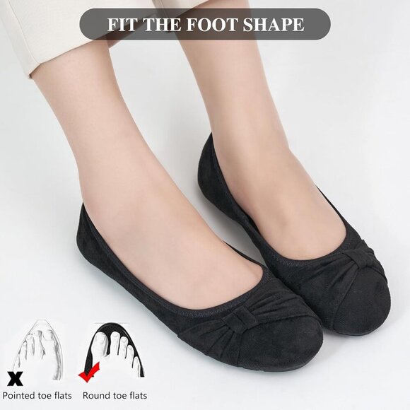 Women's Suede Flats 6 Black Foldable Bowknot Comfort Slip On Casual - Picture 5 of 6